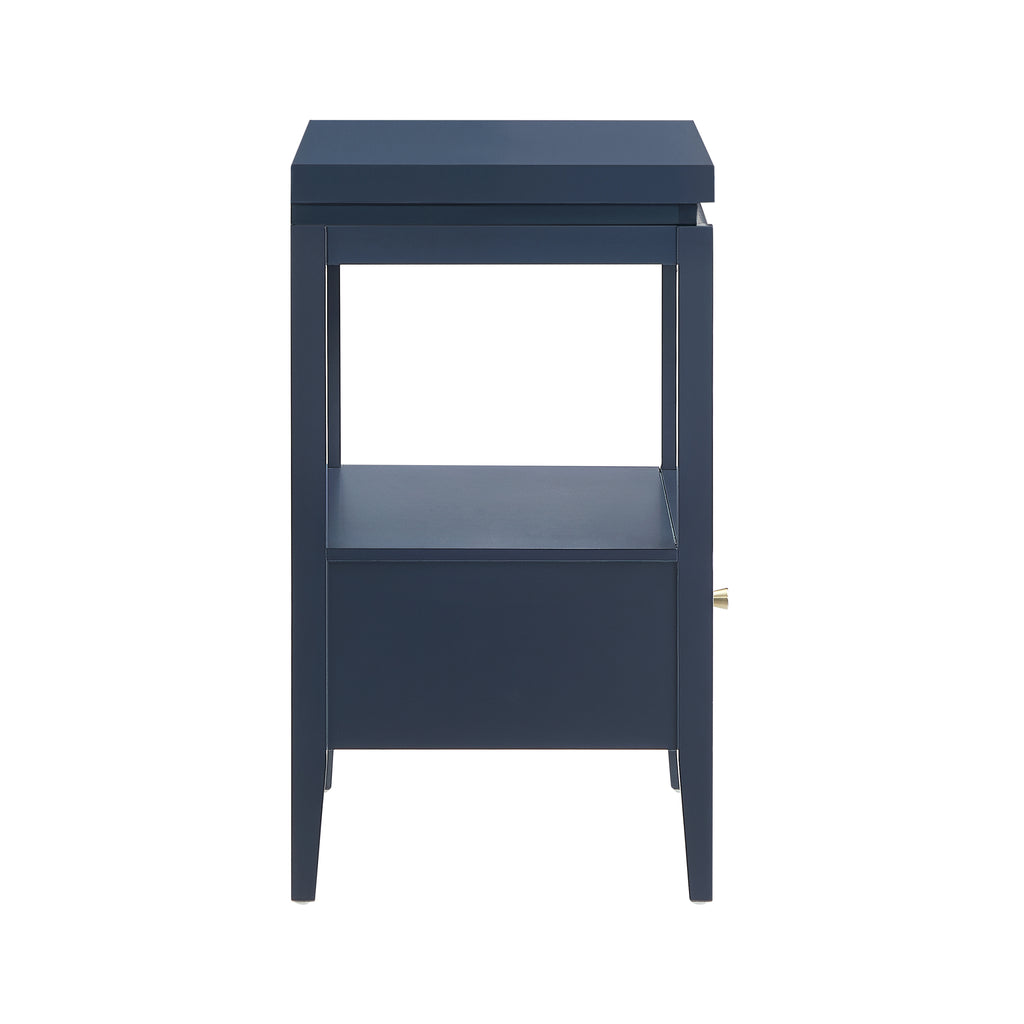 Olana Midnight Blue 1-Drawer Nightstand with Floating Top Design, Solid Wood and MDF Construction, Gold-Finished Hardware, Tapered Legs