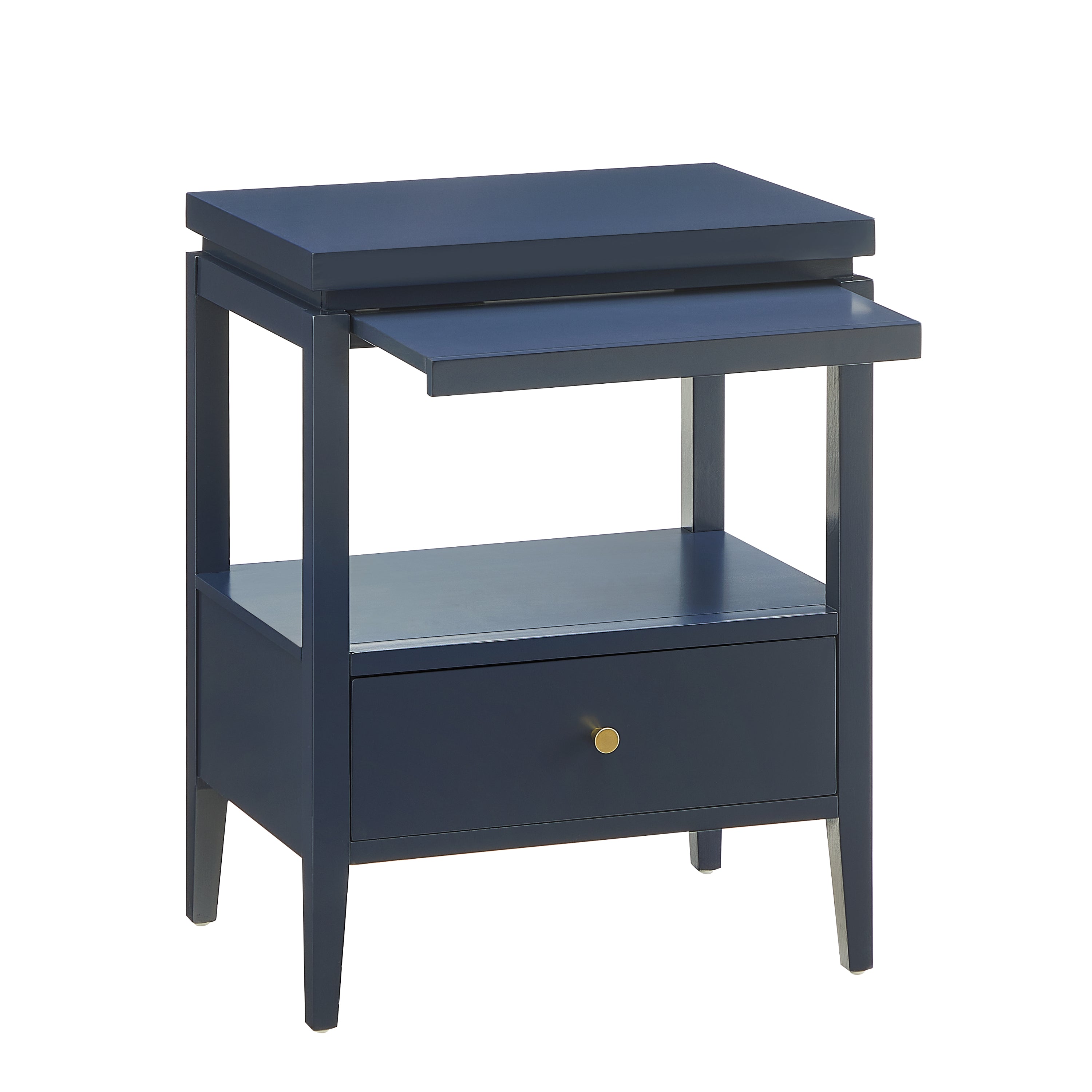Olana Midnight Blue 1-Drawer Nightstand with Floating Top Design, Solid Wood and MDF Construction, Gold-Finished Hardware, Tapered Legs