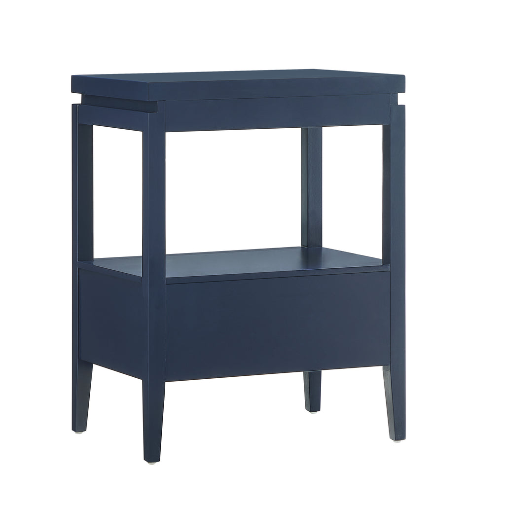 Olana Midnight Blue 1-Drawer Nightstand with Floating Top Design, Solid Wood and MDF Construction, Gold-Finished Hardware, Tapered Legs