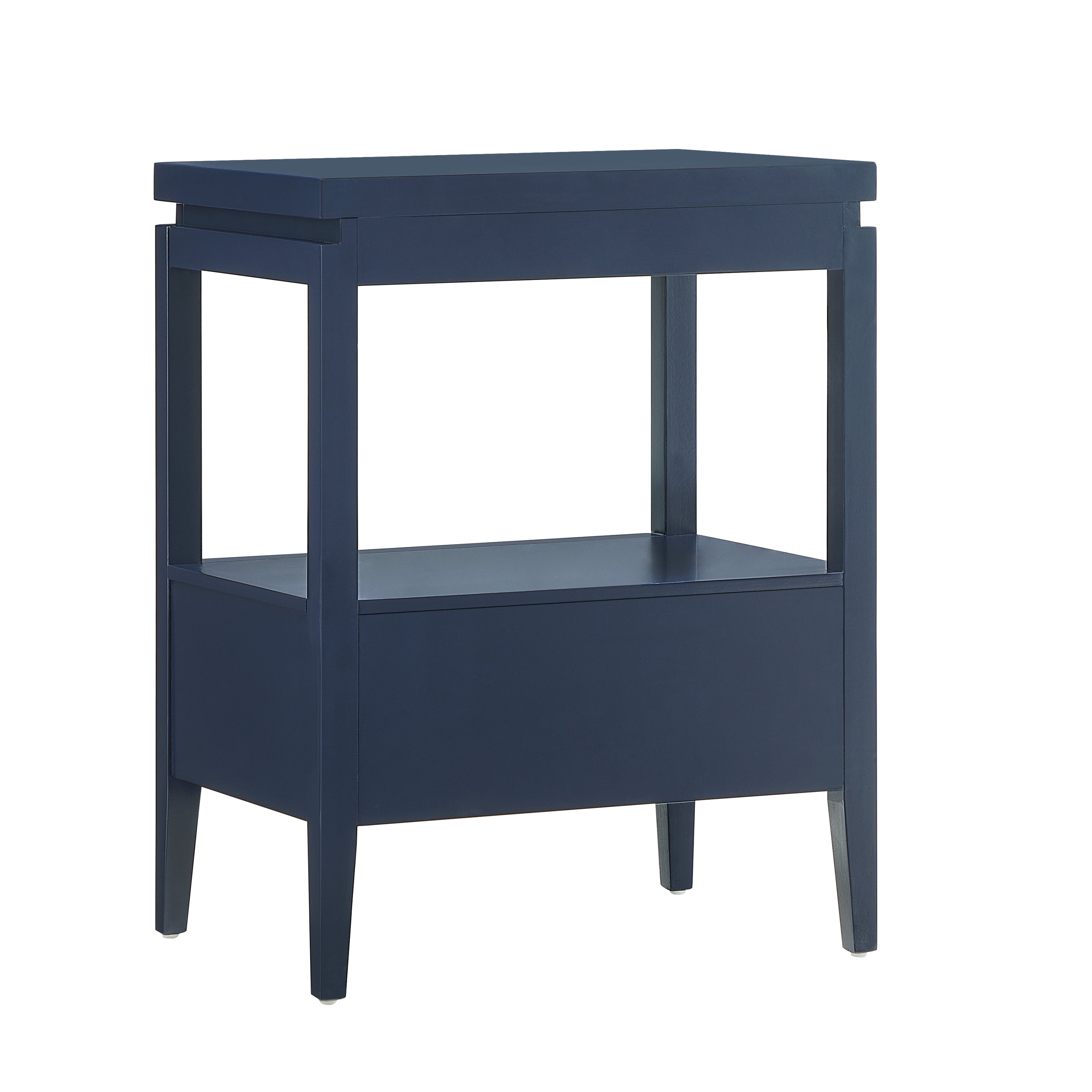 Olana Midnight Blue 1-Drawer Nightstand with Floating Top Design, Solid Wood and MDF Construction, Gold-Finished Hardware, Tapered Legs