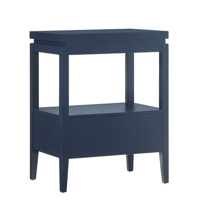 Olana Midnight Blue 1-Drawer Nightstand with Floating Top Design, Solid Wood and MDF Construction, Gold-Finished Hardware, Tapered Legs