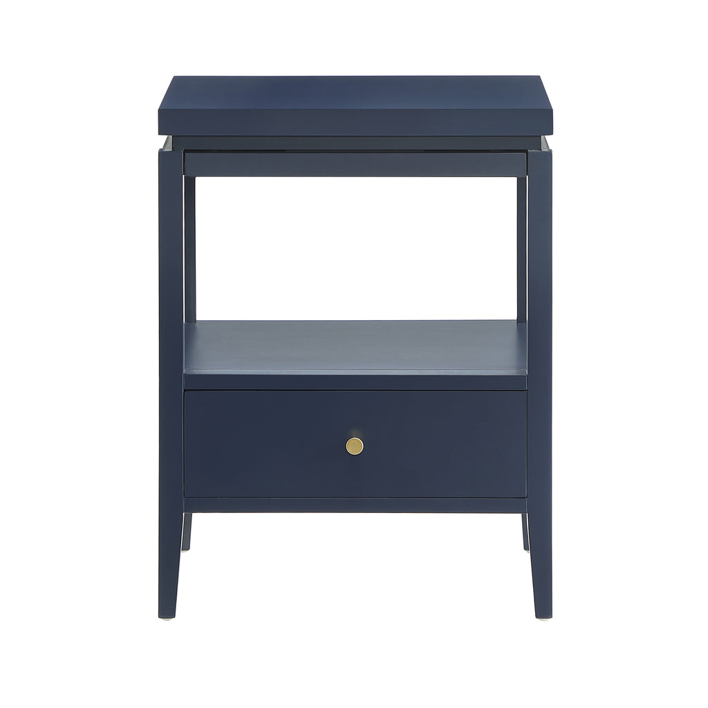 Olana Midnight Blue 1-Drawer Nightstand with Floating Top Design, Solid Wood and MDF Construction, Gold-Finished Hardware, Tapered Legs