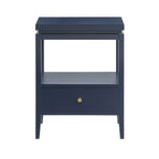Olana Midnight Blue 1-Drawer Nightstand with Floating Top Design, Solid Wood and MDF Construction, Gold-Finished Hardware, Tapered Legs