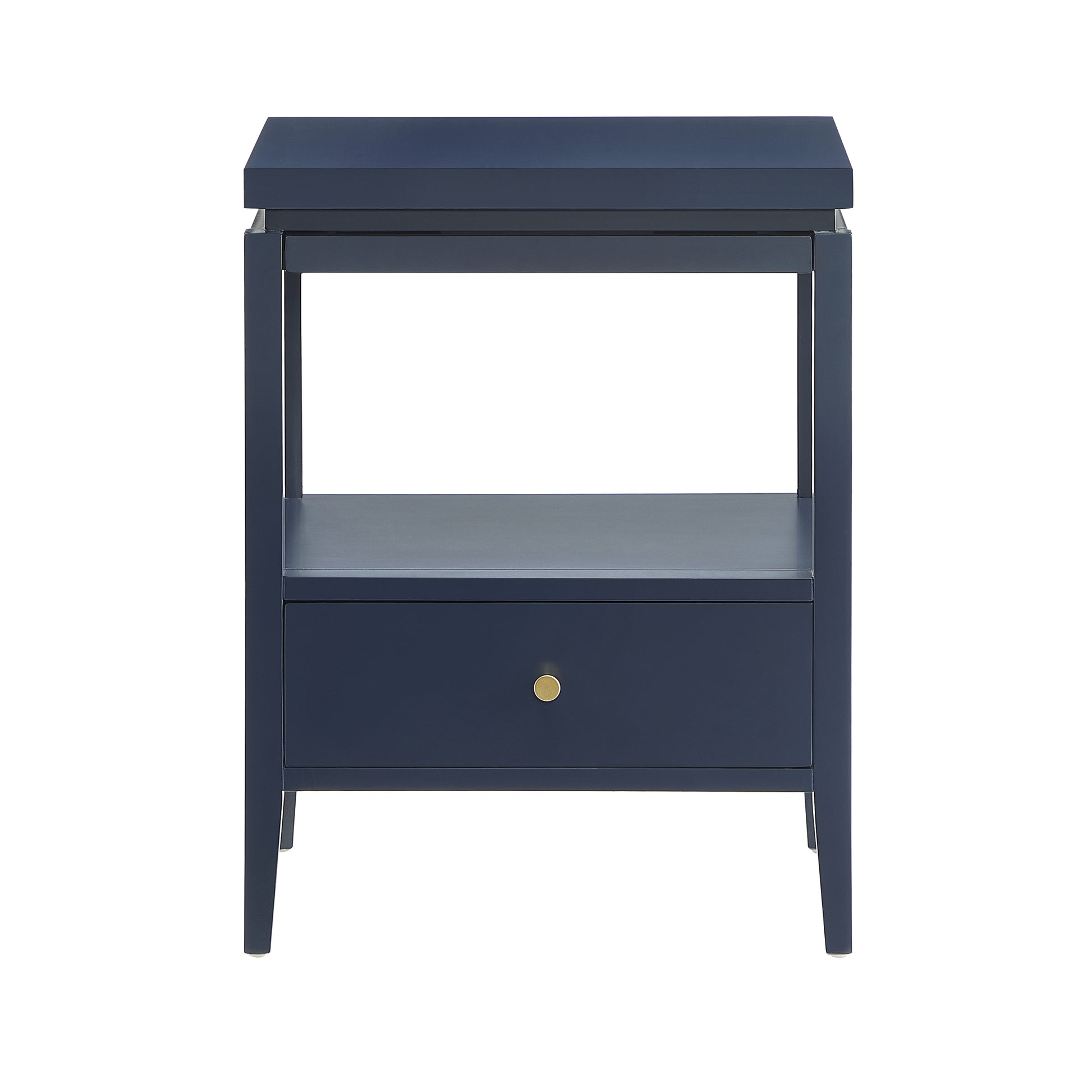 Olana Midnight Blue 1-Drawer Nightstand with Floating Top Design, Solid Wood and MDF Construction, Gold-Finished Hardware, Tapered Legs