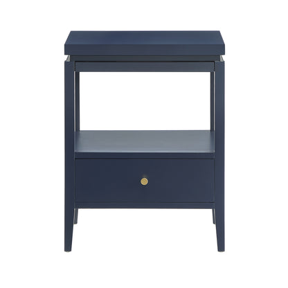 Olana Midnight Blue 1-Drawer Nightstand with Floating Top Design, Solid Wood and MDF Construction, Gold-Finished Hardware, Tapered Legs