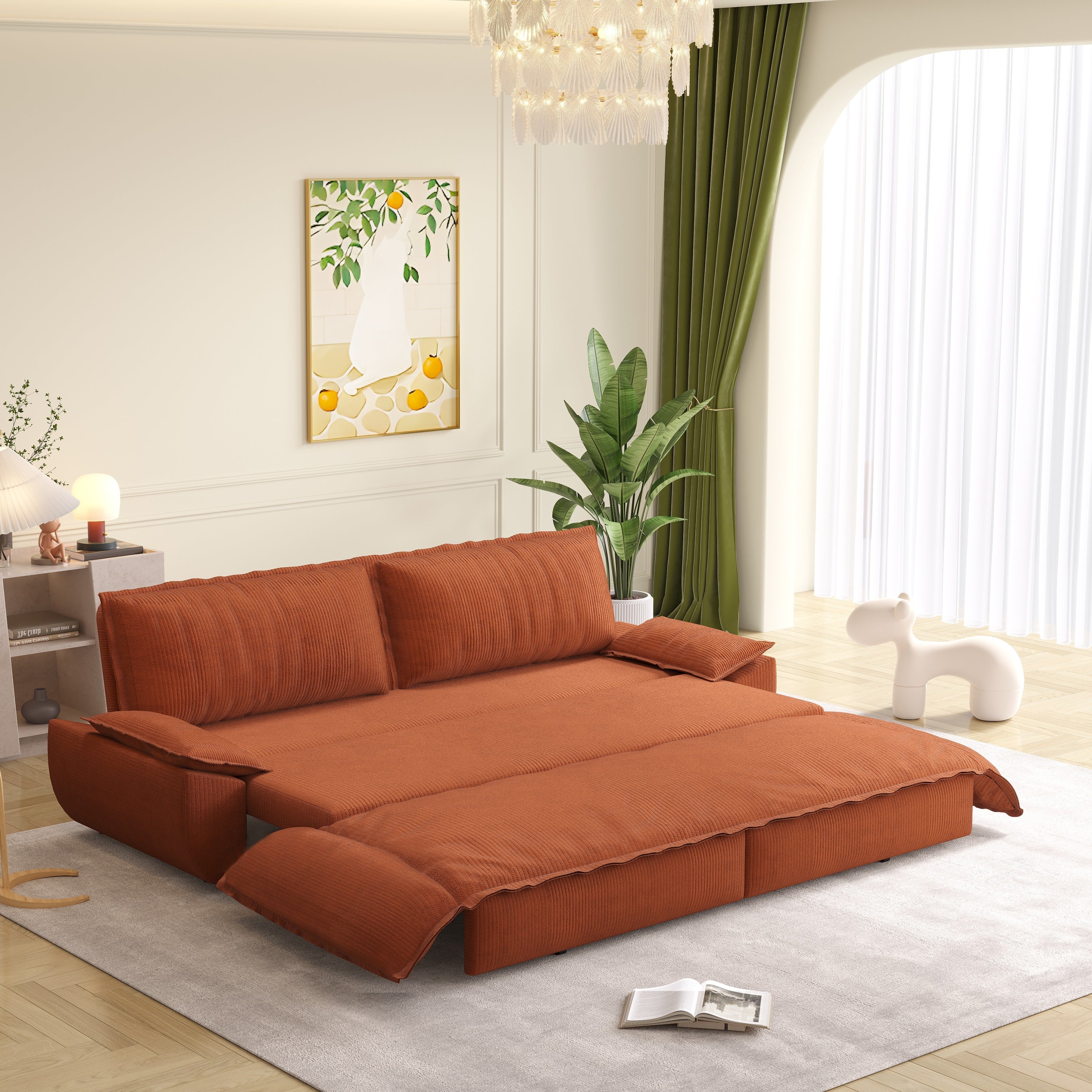 73.2' Queen Pull Out Sofa Bed,3-in-1 Convertible Sleeper Sofa,Multi-Functional Corduroy Loveseat Bed,Orange Sofa