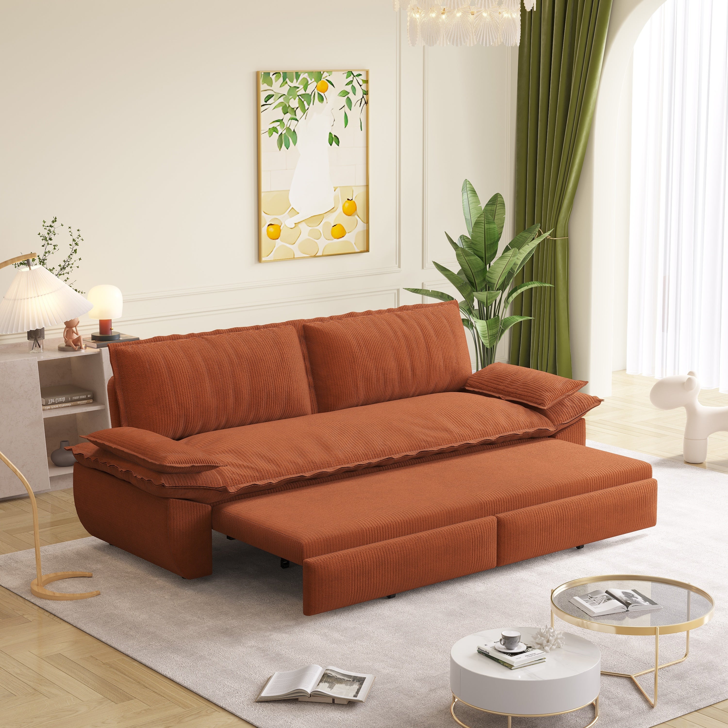 73.2' Queen Pull Out Sofa Bed,3-in-1 Convertible Sleeper Sofa,Multi-Functional Corduroy Loveseat Bed,Orange Sofa