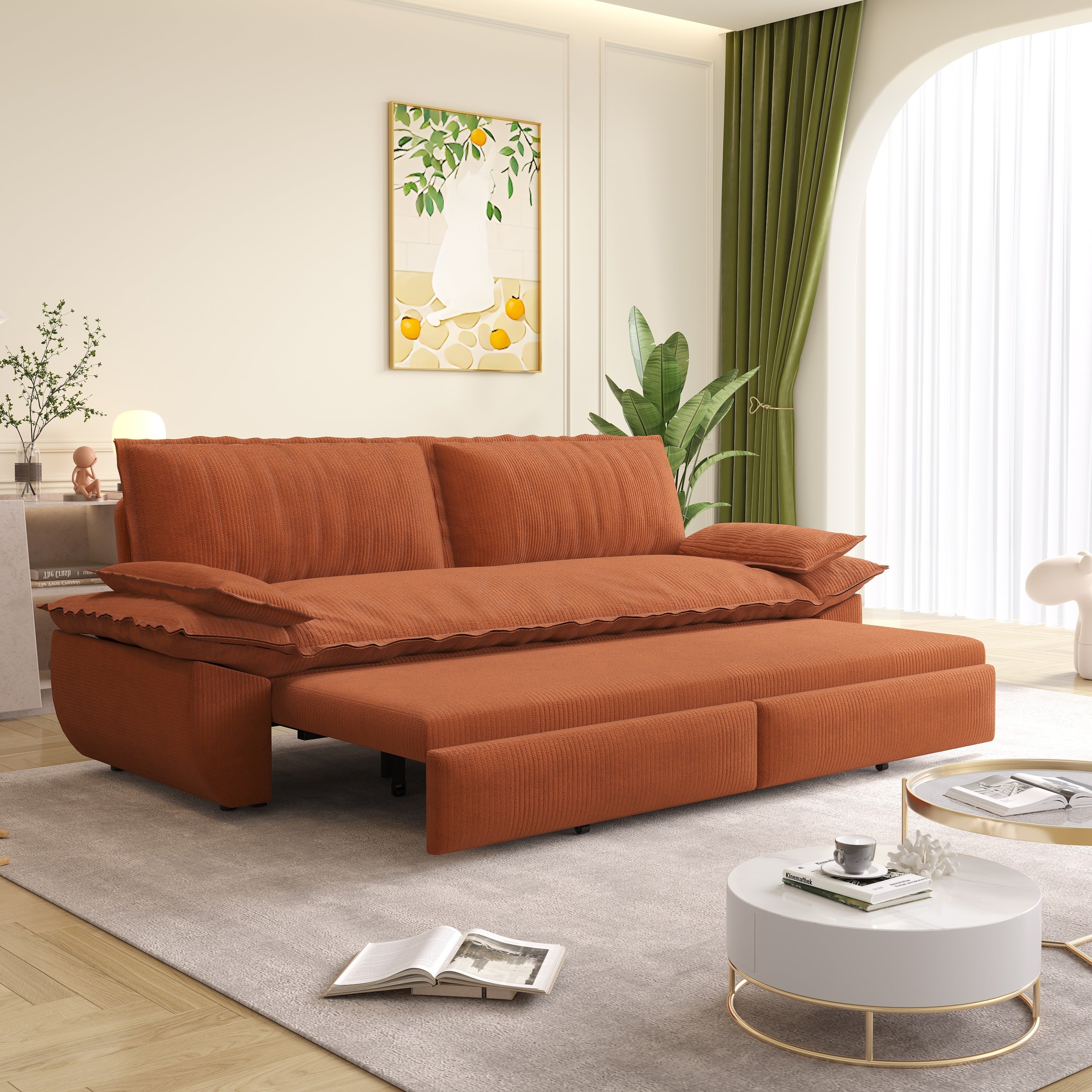 73.2' Queen Pull Out Sofa Bed,3-in-1 Convertible Sleeper Sofa,Multi-Functional Corduroy Loveseat Bed,Orange Sofa