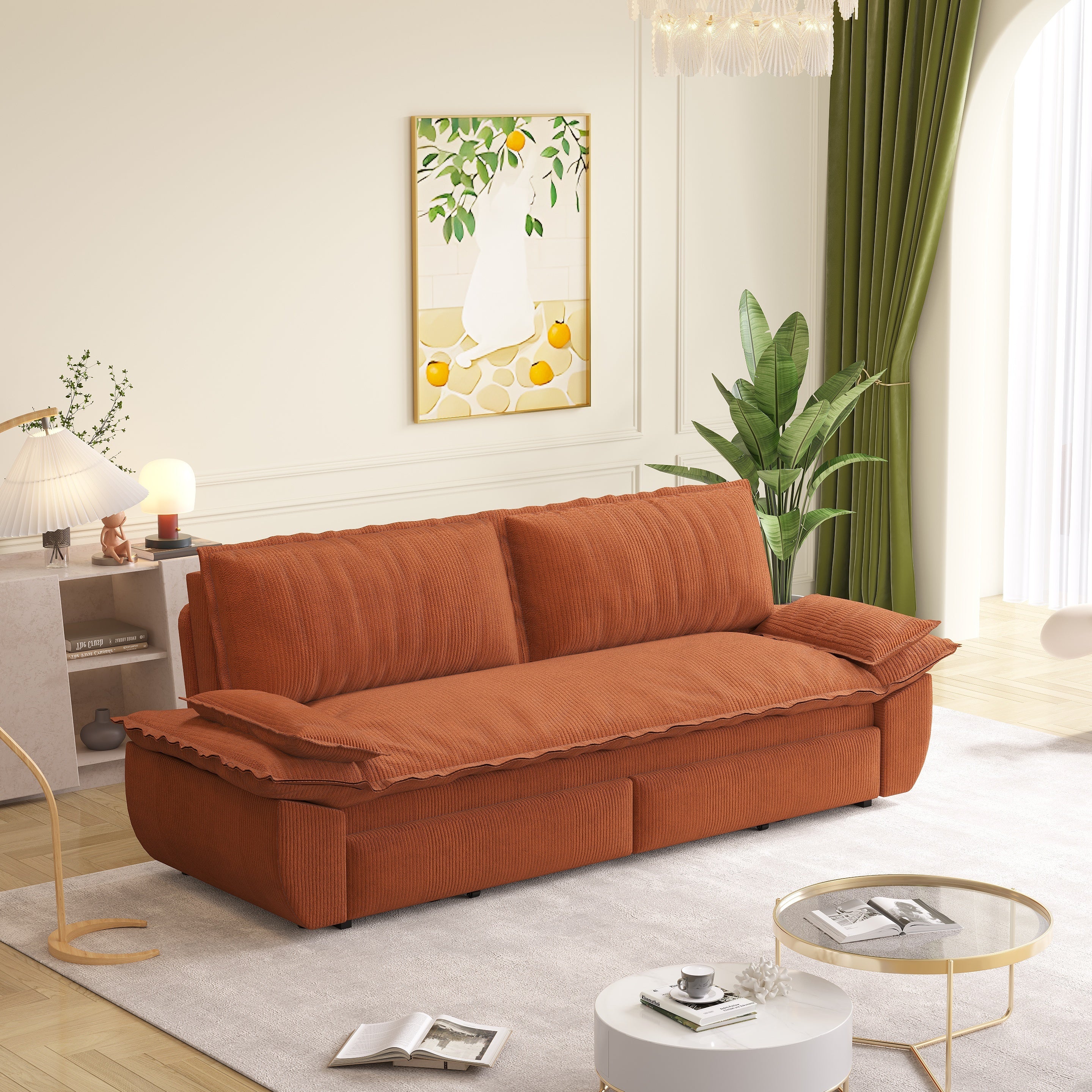 73.2' Queen Pull Out Sofa Bed,3-in-1 Convertible Sleeper Sofa,Multi-Functional Corduroy Loveseat Bed,Orange Sofa