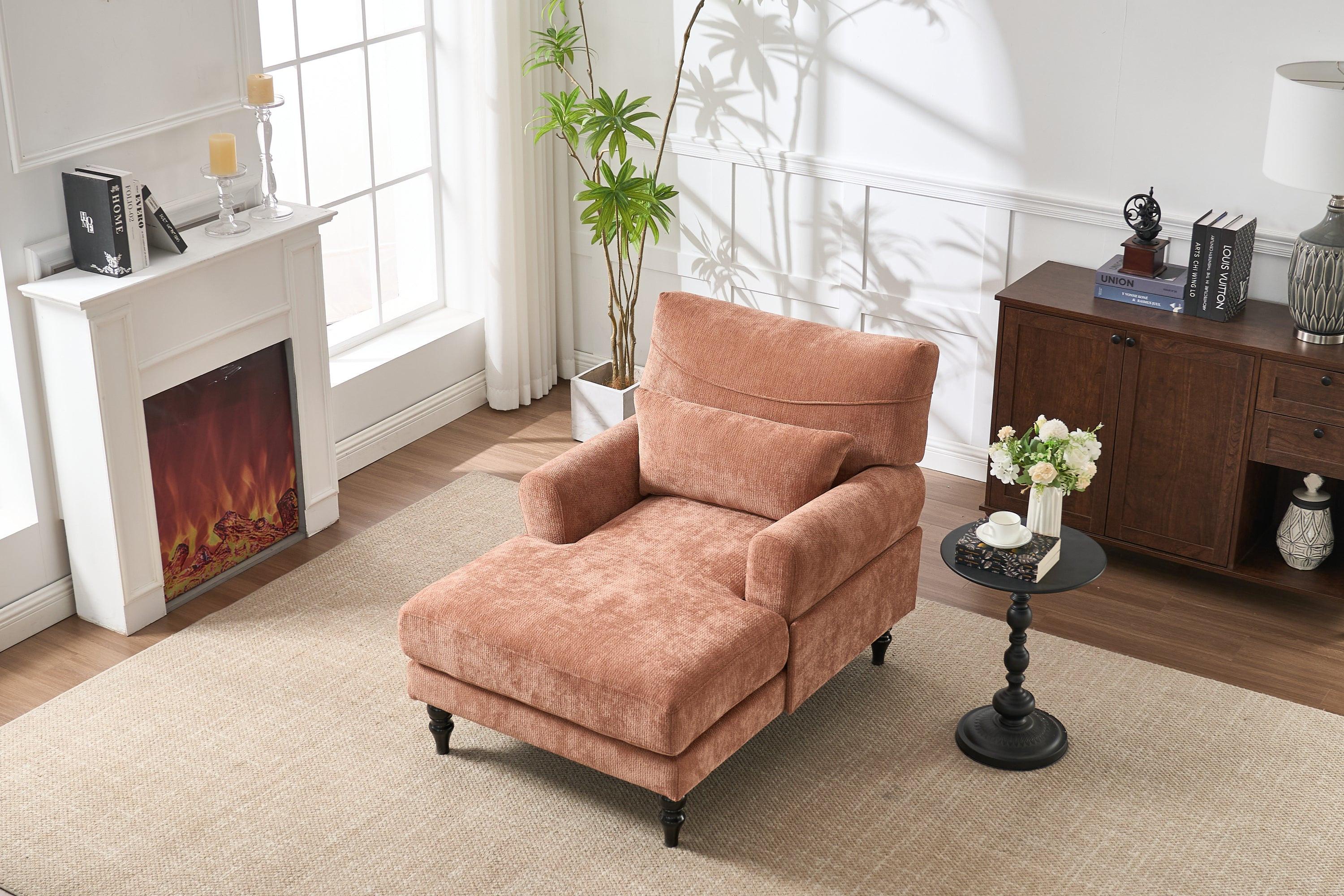 Elegant Orange Upholstered Wood Chaise Lounge Recliner.