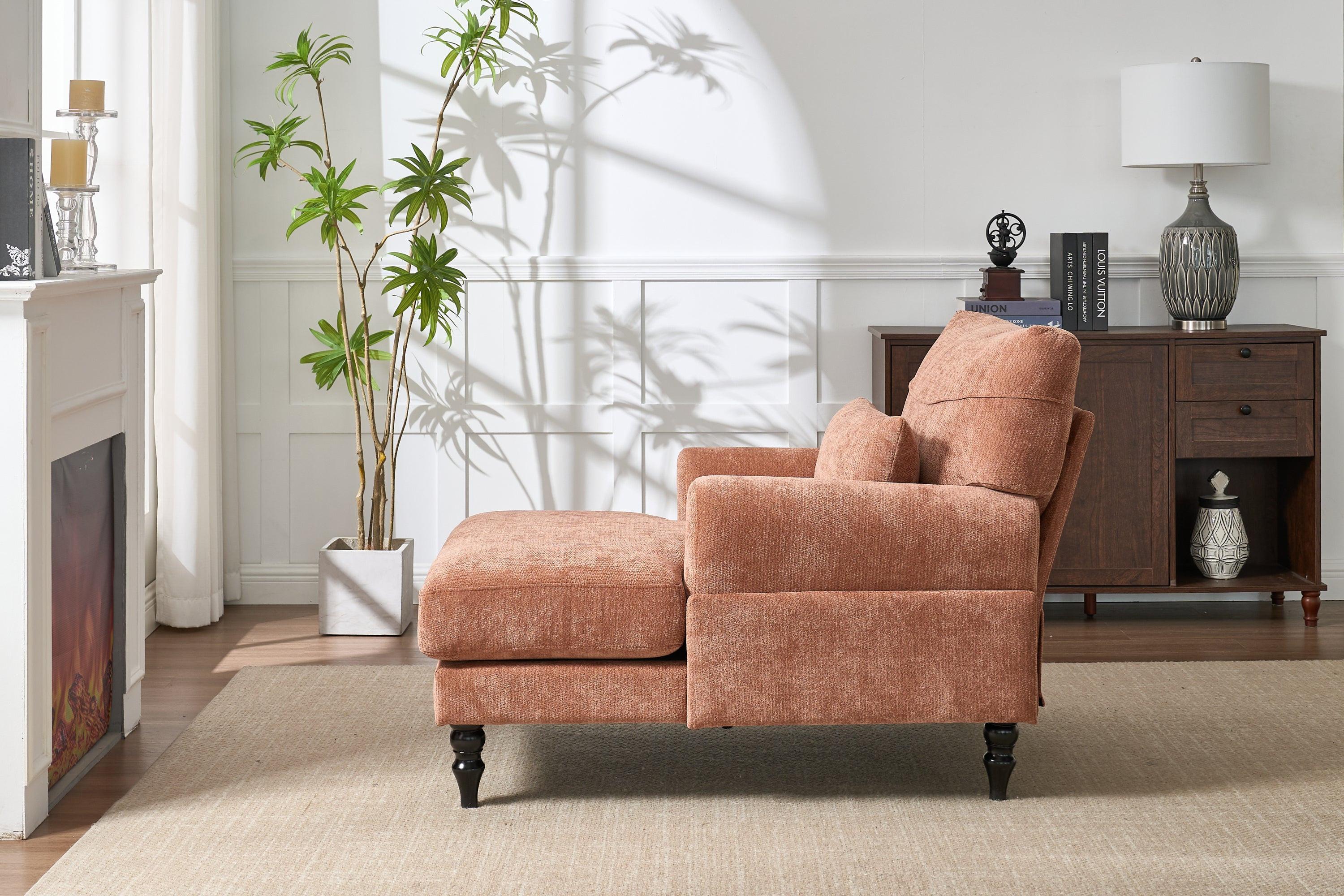 Elegant Orange Upholstered Wood Chaise Lounge Recliner.