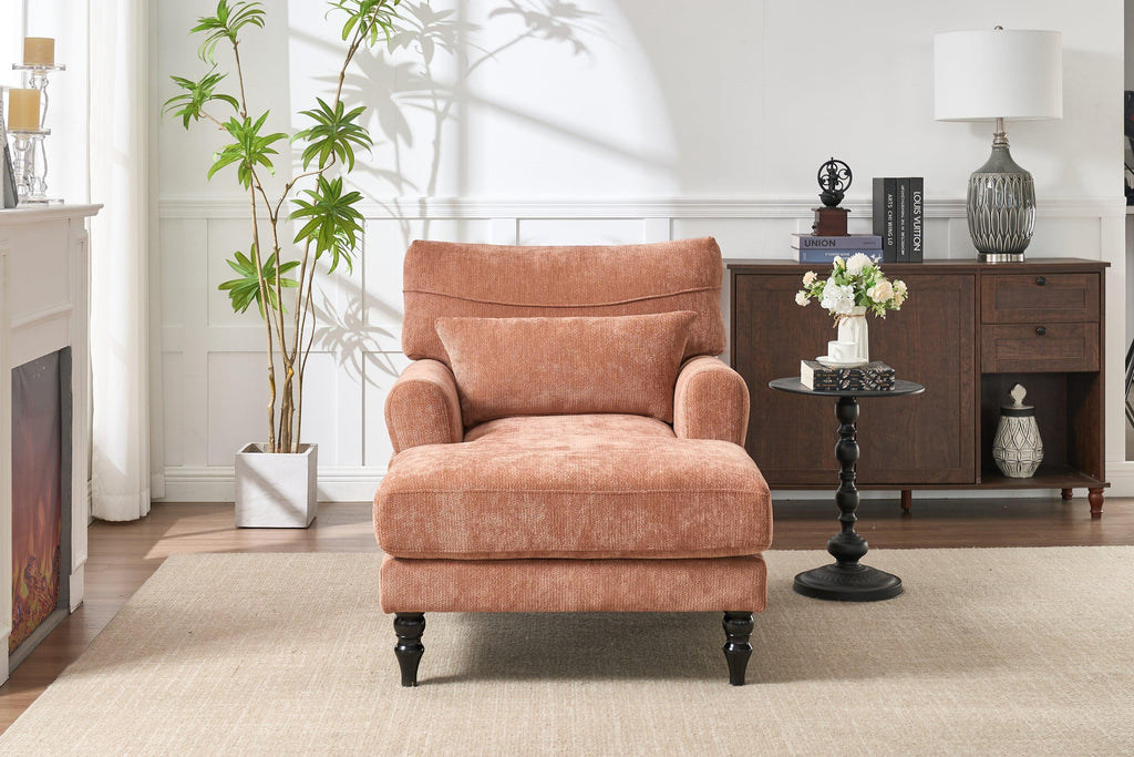 Elegant Orange Upholstered Wood Chaise Lounge Recliner.