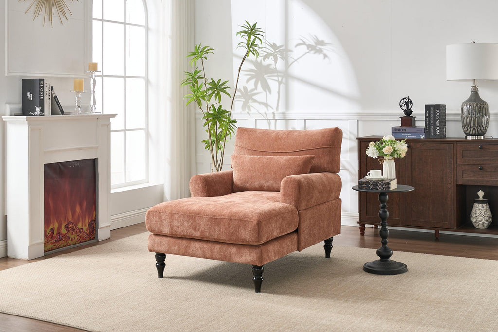 Elegant Orange Upholstered Wood Chaise Lounge Recliner.