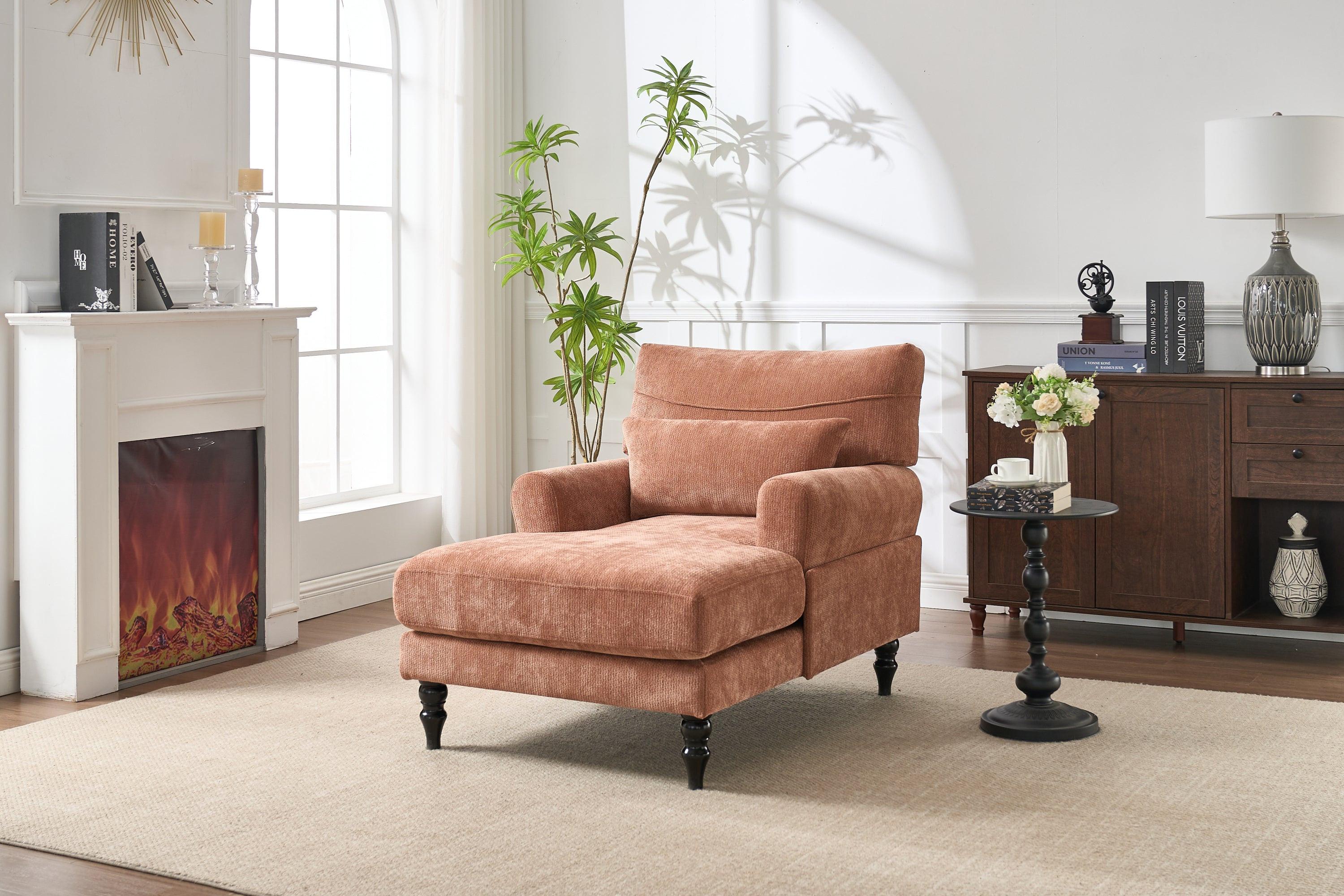 Elegant Orange Upholstered Wood Chaise Lounge Recliner.