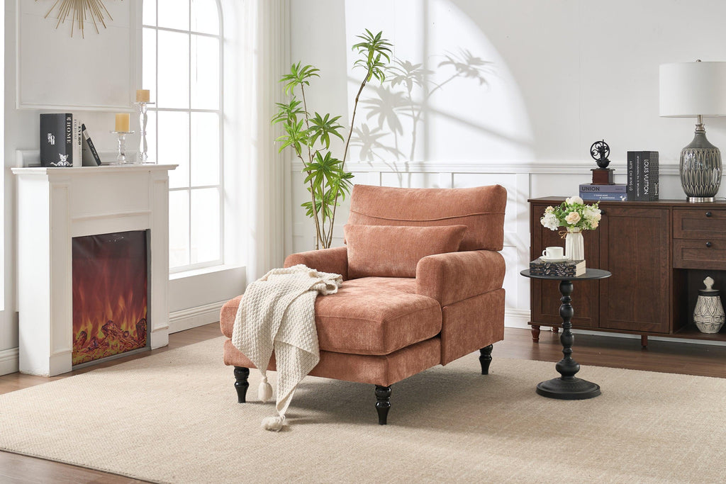 Elegant Orange Upholstered Wood Chaise Lounge Recliner.