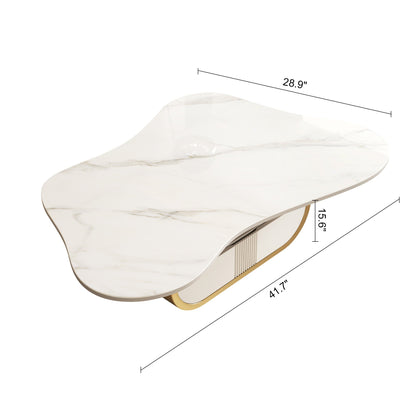 Modern Butterfly Coffee Table with Sintered Stone Top – Oval Center Table with Storage Shelf & Drawer, Stainless Steel Base & MDF Cabinet