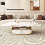 Modern Butterfly Coffee Table with Sintered Stone Top – Oval Center Table with Storage Shelf & Drawer, Stainless Steel Base & MDF Cabinet