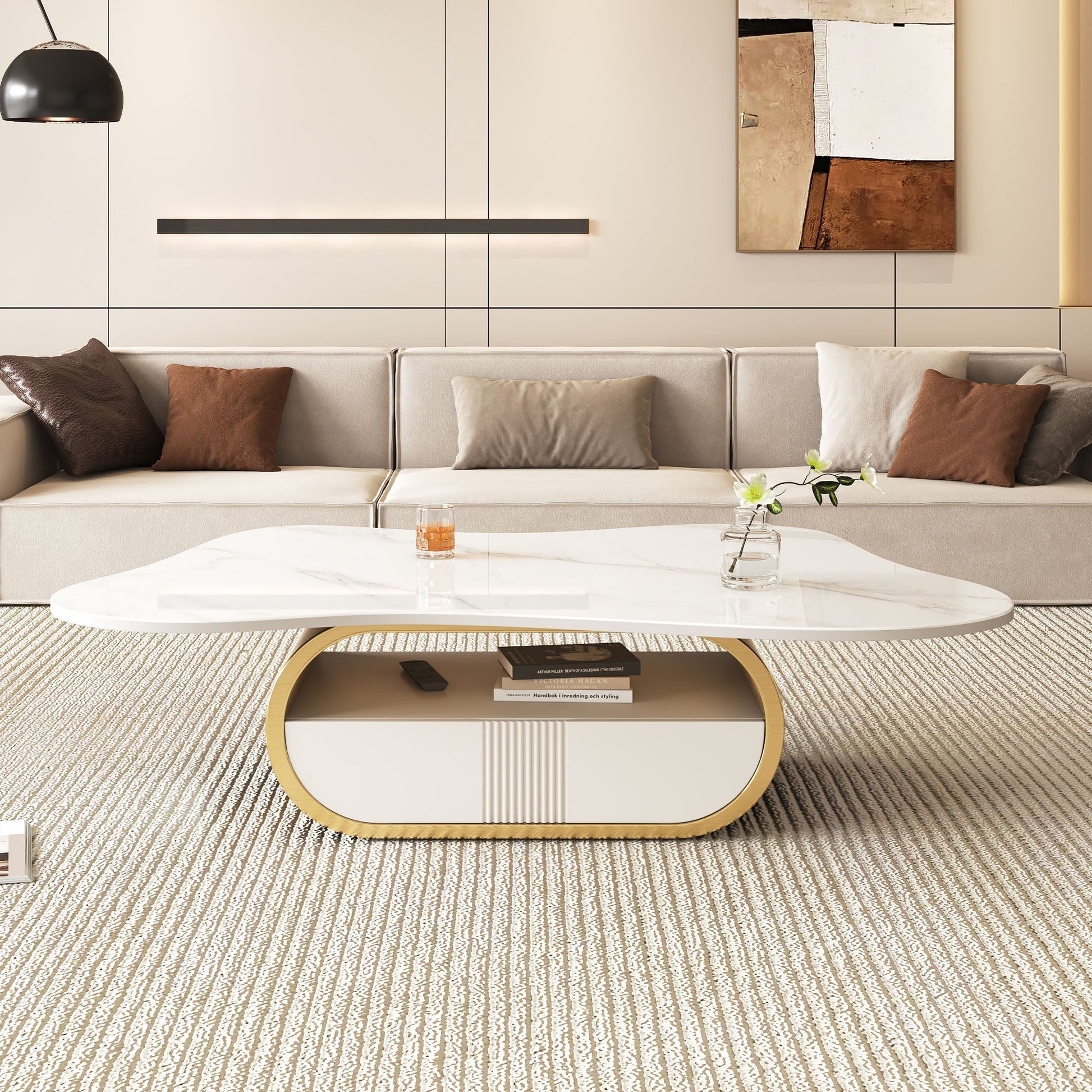 Modern Butterfly Coffee Table with Sintered Stone Top – Oval Center Table with Storage Shelf & Drawer, Stainless Steel Base & MDF Cabinet