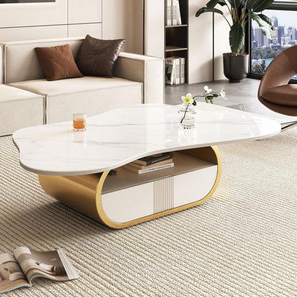 Modern Butterfly Coffee Table with Sintered Stone Top – Oval Center Table with Storage Shelf & Drawer, Stainless Steel Base & MDF Cabinet