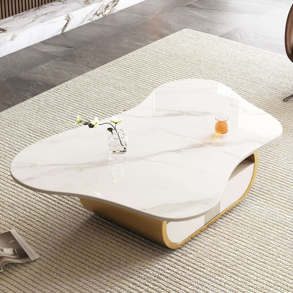 Modern Butterfly Coffee Table with Sintered Stone Top – Oval Center Table with Storage Shelf & Drawer, Stainless Steel Base & MDF Cabinet