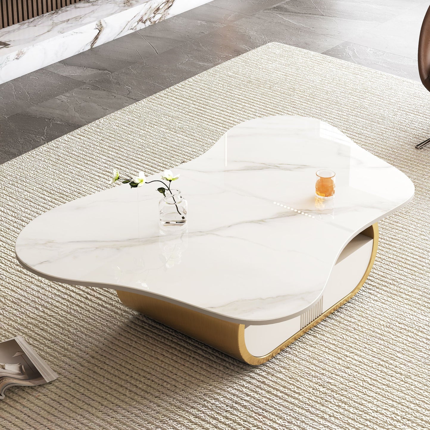 Modern Butterfly Coffee Table with Sintered Stone Top – Oval Center Table with Storage Shelf & Drawer, Stainless Steel Base & MDF Cabinet