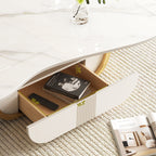 Modern Butterfly Coffee Table with Sintered Stone Top – Oval Center Table with Storage Shelf & Drawer, Stainless Steel Base & MDF Cabinet