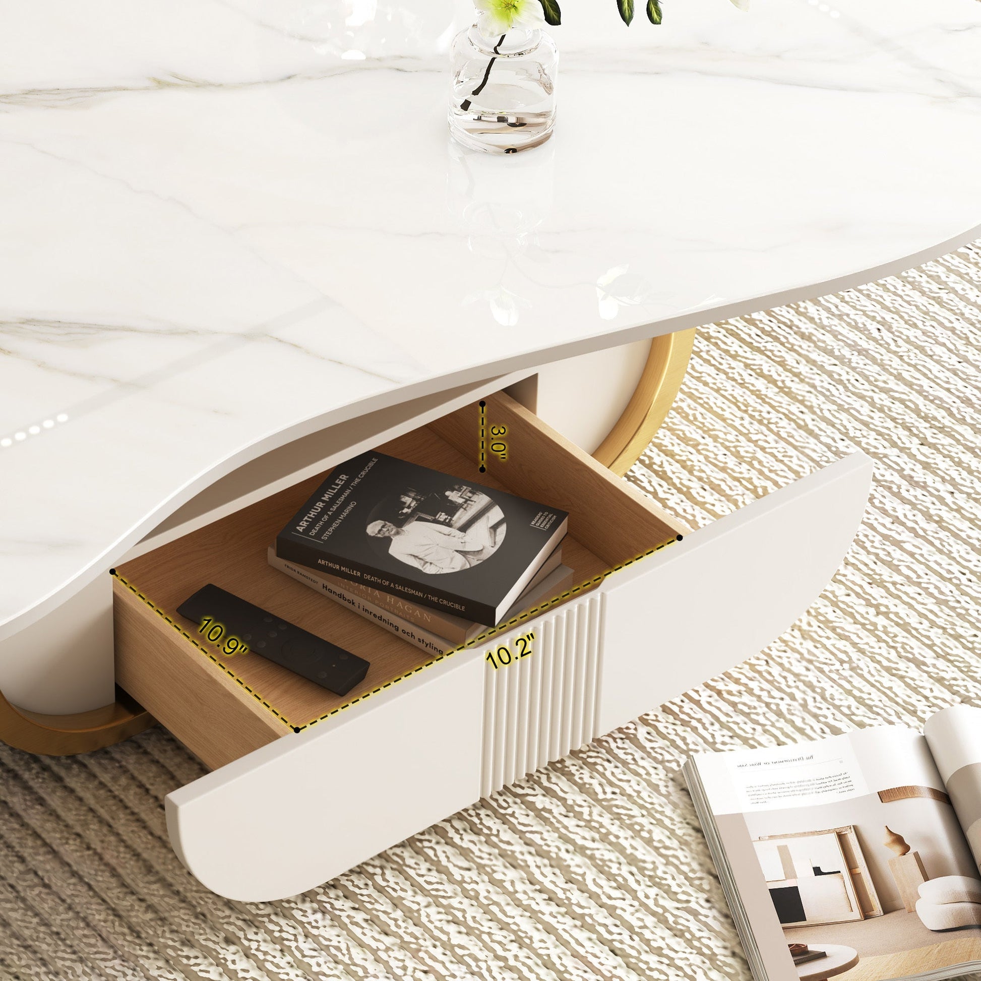 Modern Butterfly Coffee Table with Sintered Stone Top – Oval Center Table with Storage Shelf & Drawer, Stainless Steel Base & MDF Cabinet