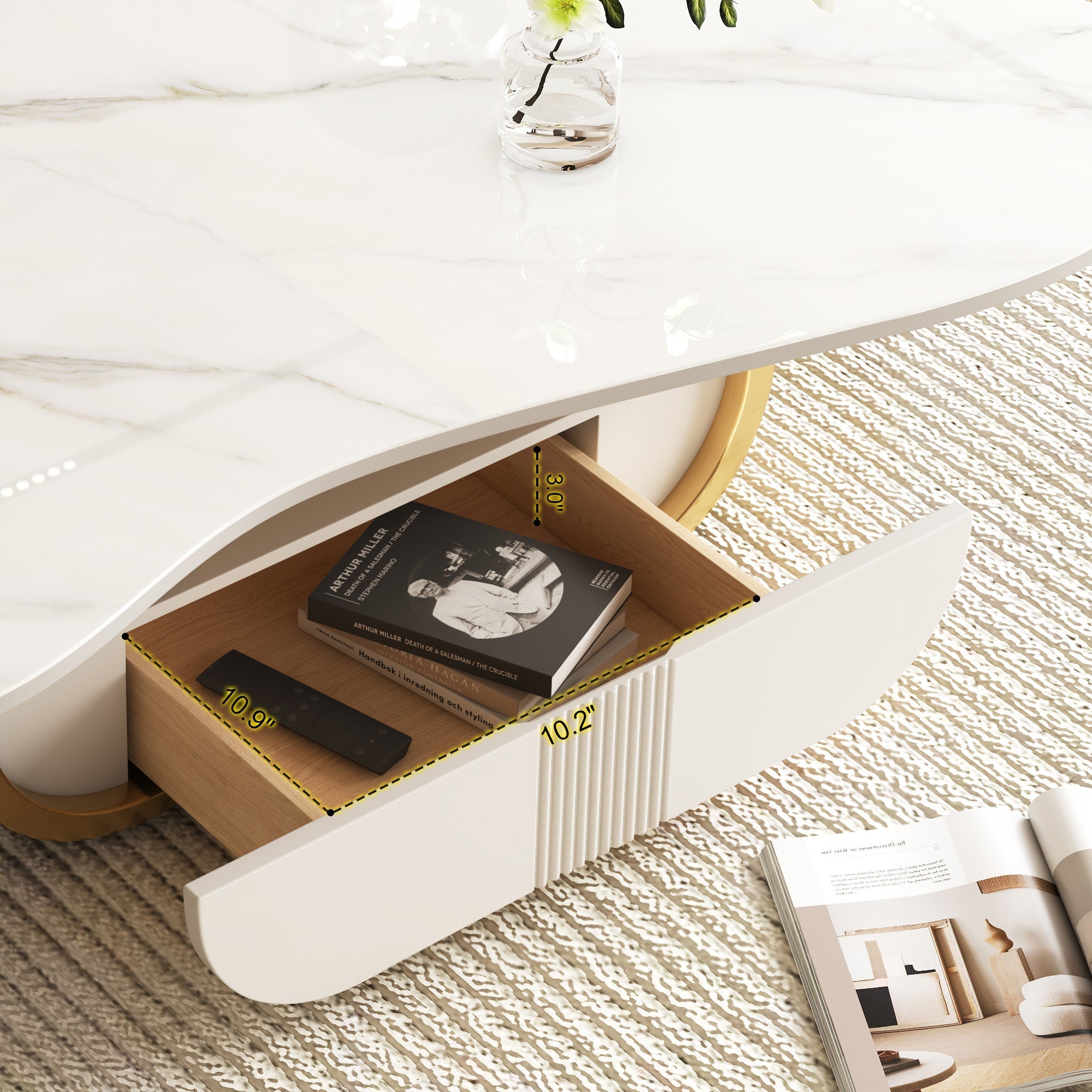 Modern Butterfly Coffee Table with Sintered Stone Top – Oval Center Table with Storage Shelf & Drawer, Stainless Steel Base & MDF Cabinet