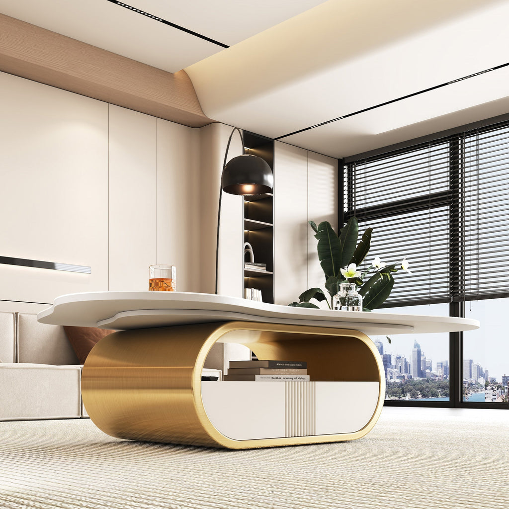 Modern Butterfly Coffee Table with Sintered Stone Top – Oval Center Table with Storage Shelf & Drawer, Stainless Steel Base & MDF Cabinet