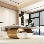 Modern Butterfly Coffee Table with Sintered Stone Top – Oval Center Table with Storage Shelf & Drawer, Stainless Steel Base & MDF Cabinet