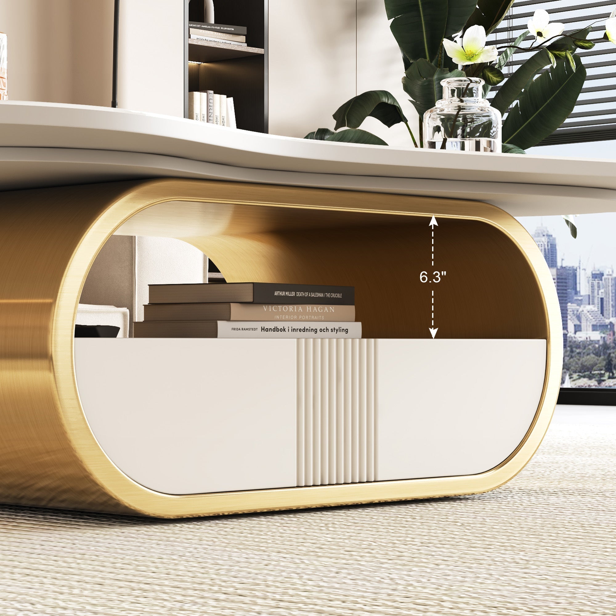 Modern Butterfly Coffee Table with Sintered Stone Top – Oval Center Table with Storage Shelf & Drawer, Stainless Steel Base & MDF Cabinet