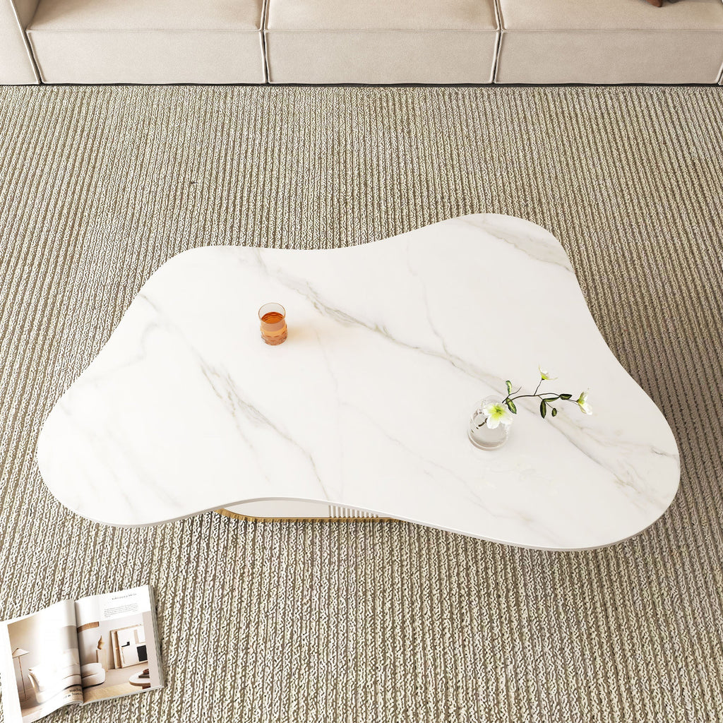 Modern Butterfly Coffee Table with Sintered Stone Top – Oval Center Table with Storage Shelf & Drawer, Stainless Steel Base & MDF Cabinet