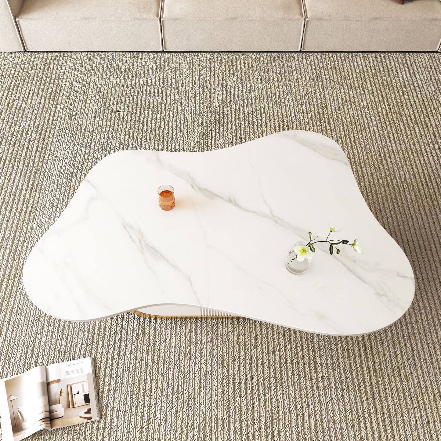 Modern Butterfly Coffee Table with Sintered Stone Top – Oval Center Table with Storage Shelf & Drawer, Stainless Steel Base & MDF Cabinet