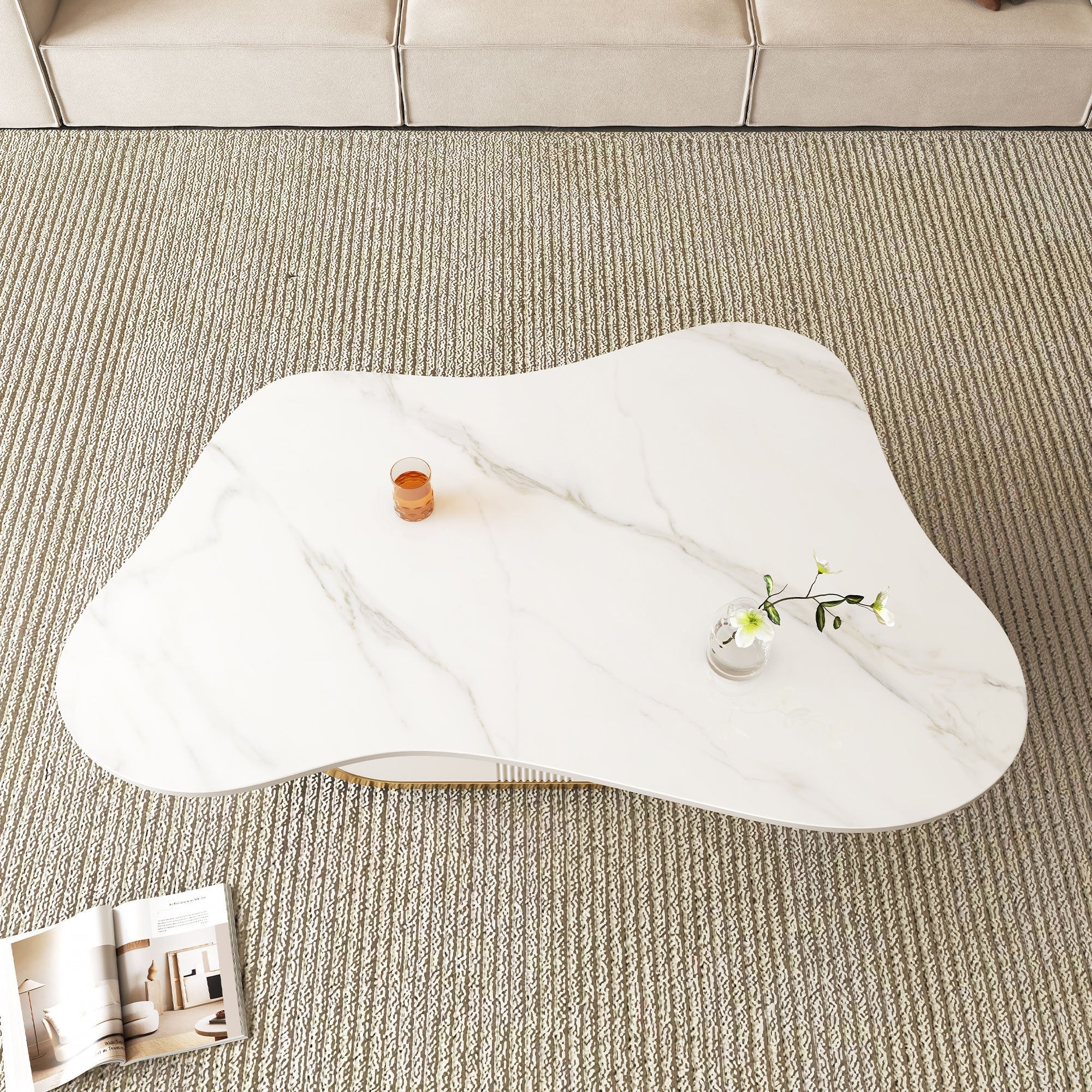 Modern Butterfly Coffee Table with Sintered Stone Top – Oval Center Table with Storage Shelf & Drawer, Stainless Steel Base & MDF Cabinet