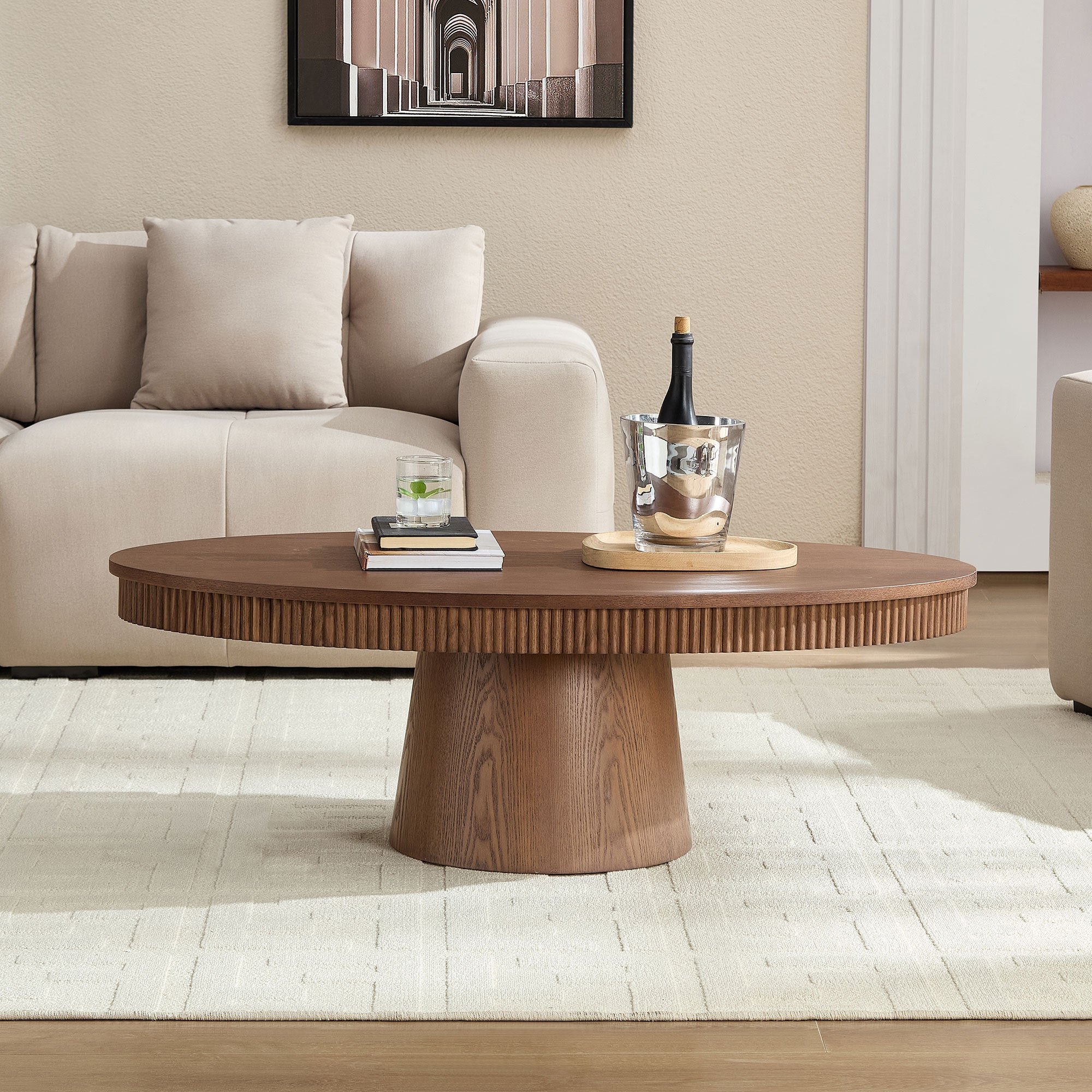 Modern Design Oval Handcraft Drum Coffee Table Length 47.24 inch Coffee Table for Living Room, Ellipse Coffee Table with Sturdy Pedestal,Walnut Color