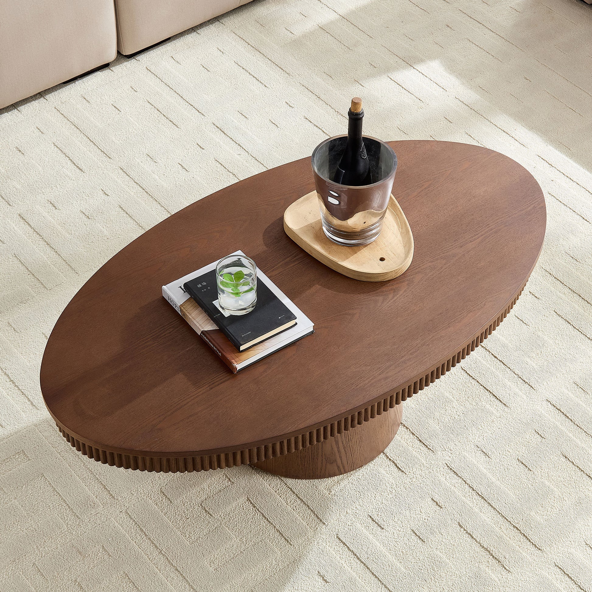 Modern Design Oval Handcraft Drum Coffee Table Length 47.24 inch Coffee Table for Living Room, Ellipse Coffee Table with Sturdy Pedestal,Walnut Color
