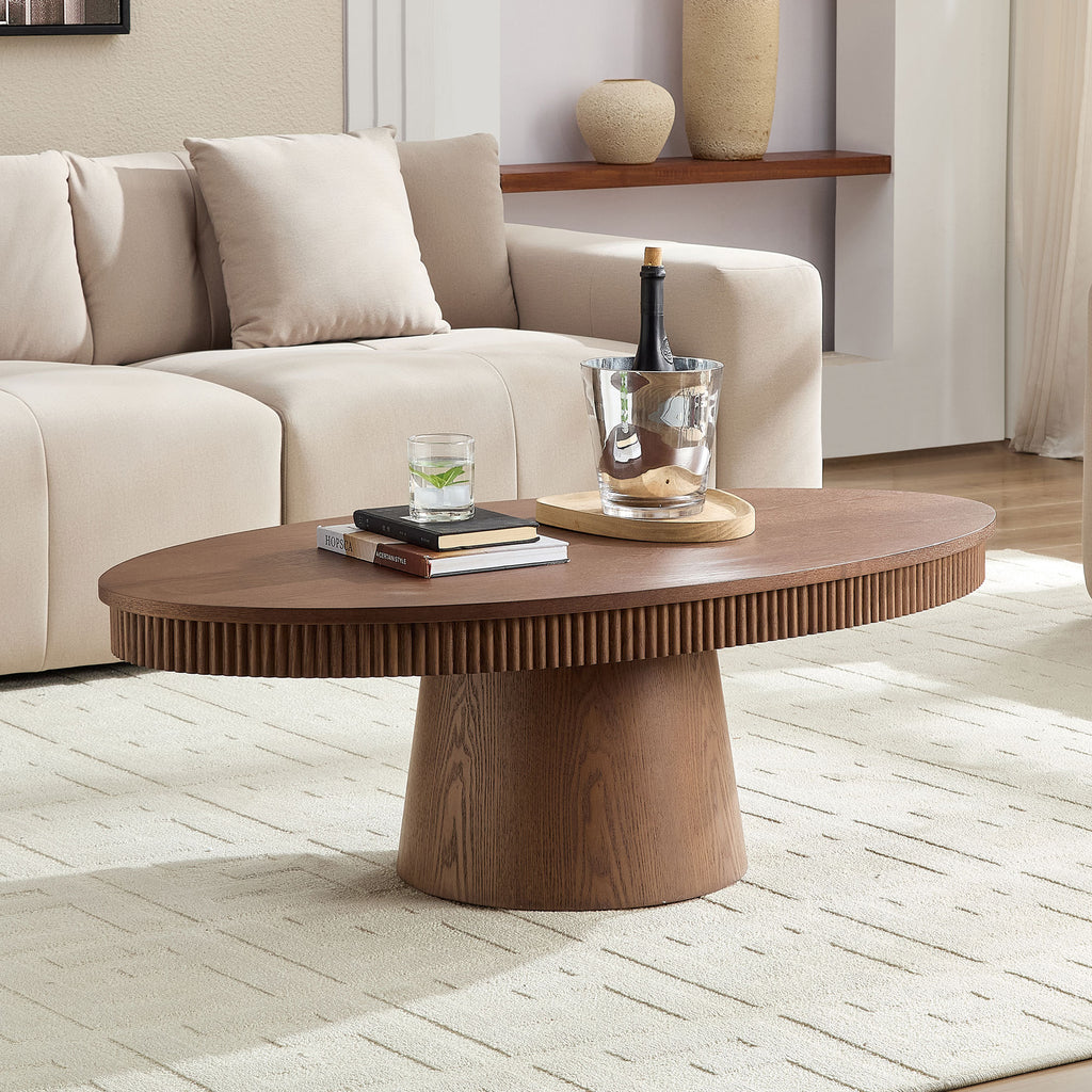 Modern Design Oval Handcraft Drum Coffee Table Length 47.24 inch Coffee Table for Living Room, Ellipse Coffee Table with Sturdy Pedestal,Walnut Color