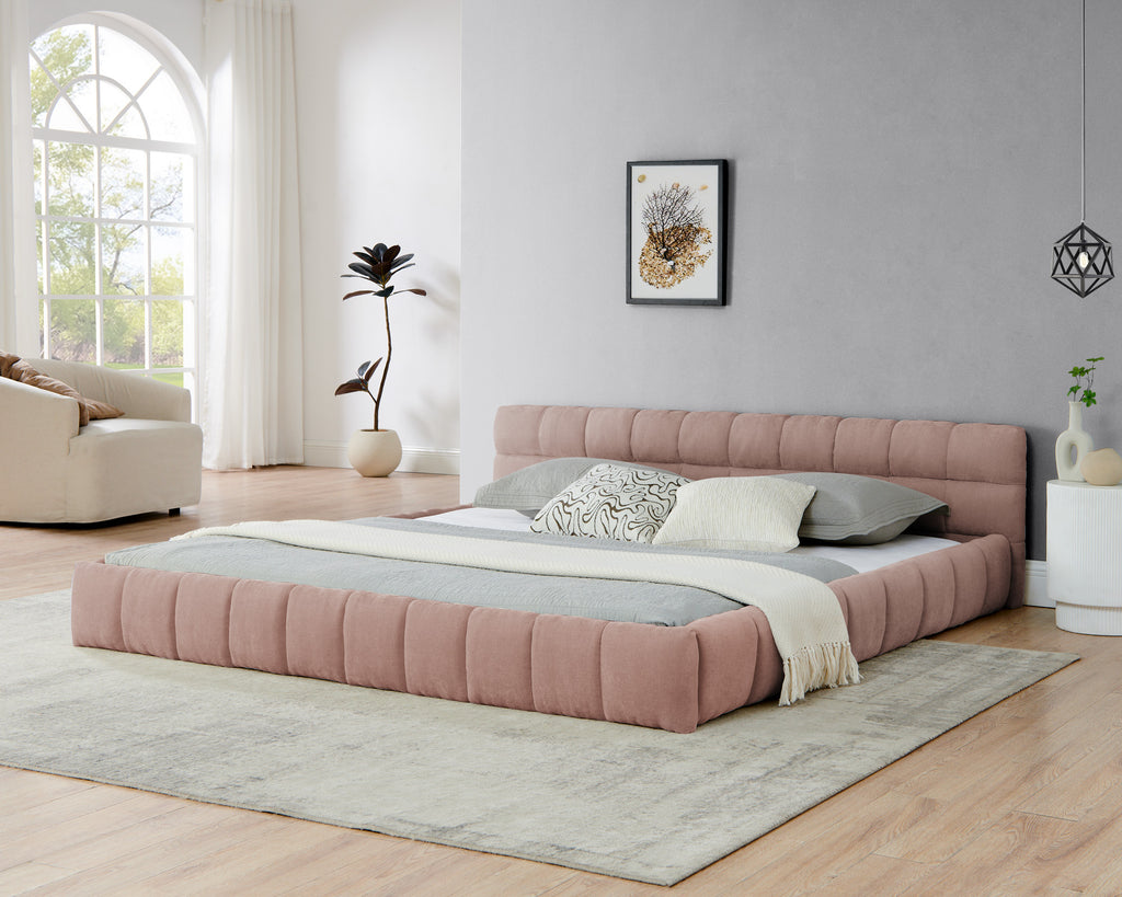 King size Upholstered Bed Frame with Thick Fabric, Chenille Fabric Grounded Queen Size Platform Bed with Headboard and Solid Frame. No Box Spring Needed-Pink(88.5''*85.5''*24'')