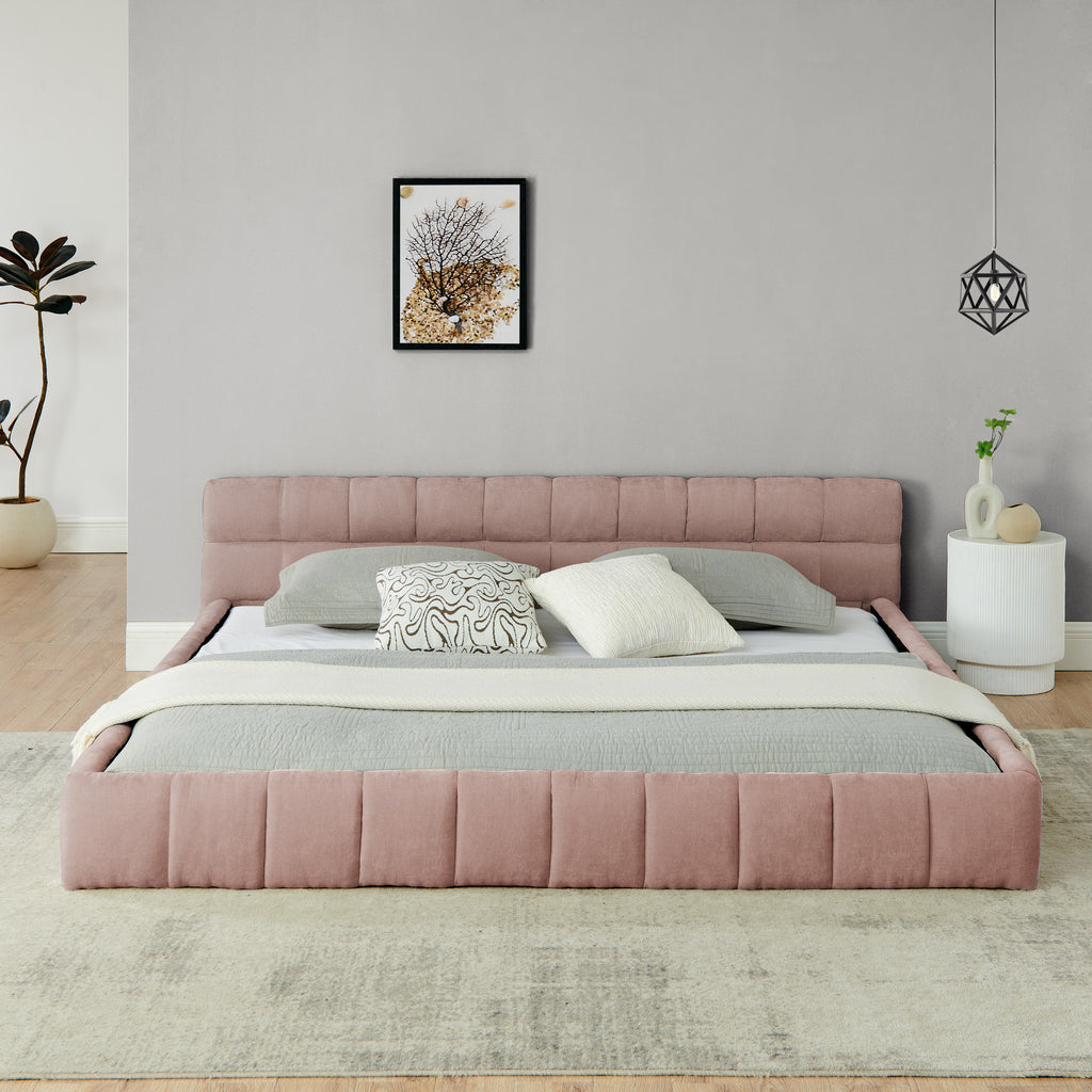 King size Upholstered Bed Frame with Thick Fabric, Chenille Fabric Grounded Queen Size Platform Bed with Headboard and Solid Frame. No Box Spring Needed-Pink(88.5''*85.5''*24'')