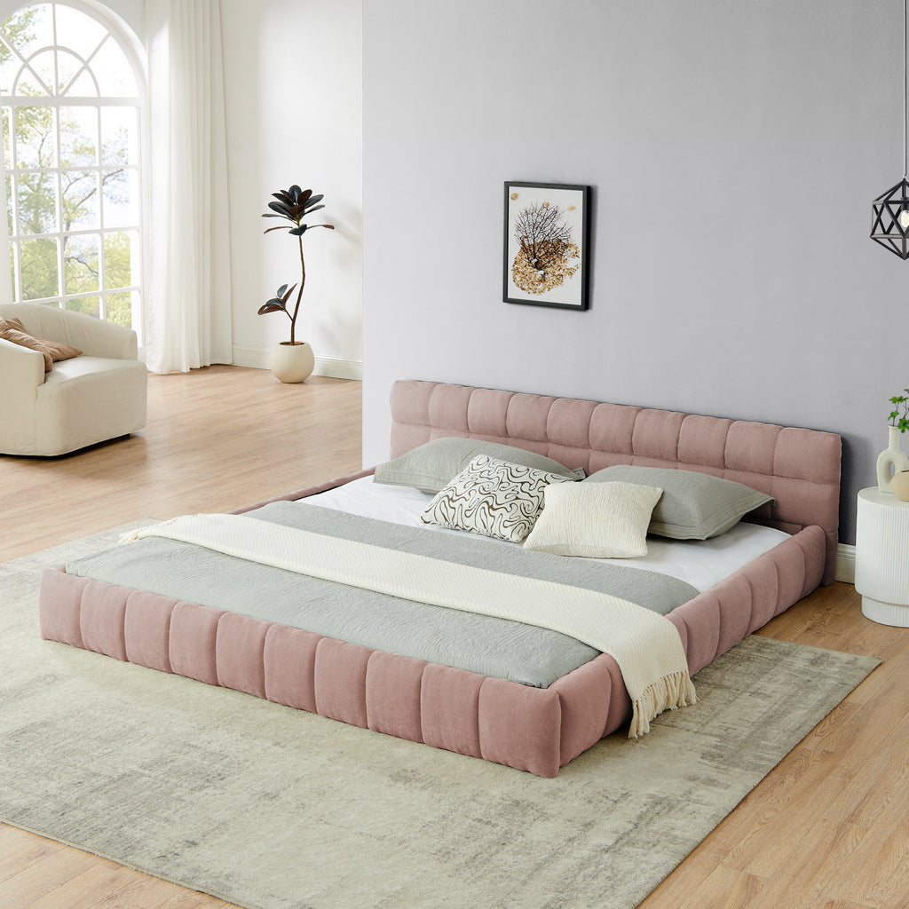 King size Upholstered Bed Frame with Thick Fabric, Chenille Fabric Grounded Queen Size Platform Bed with Headboard and Solid Frame. No Box Spring Needed-Pink(88.5''*85.5''*24'')
