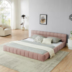King size Upholstered Bed Frame with Thick Fabric, Chenille Fabric Grounded Queen Size Platform Bed with Headboard and Solid Frame. No Box Spring Needed-Pink(88.5''*85.5''*24'')