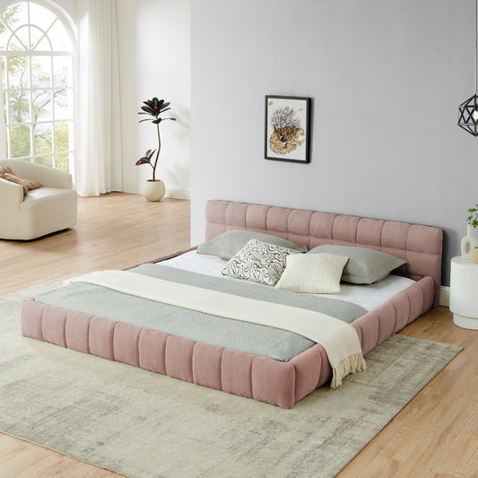 King size Upholstered Bed Frame with Thick Fabric, Chenille Fabric Grounded Queen Size Platform Bed with Headboard and Solid Frame. No Box Spring Needed-Pink(88.5''*85.5''*24'')