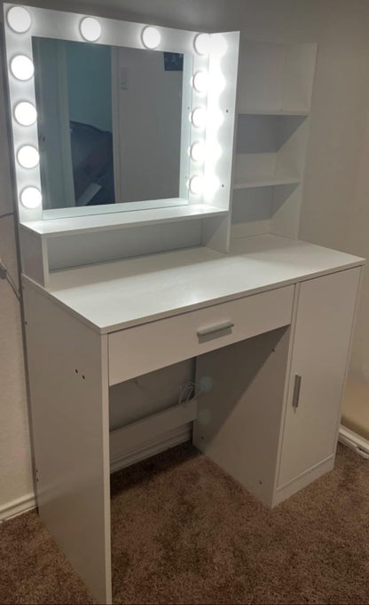 Vanity Desk with Mirror & Light, Large Drawer Three Level Storage Dresser, 3 Lighting Modes Adjustable Brightness, Bedroom Dressing Table(Pink)