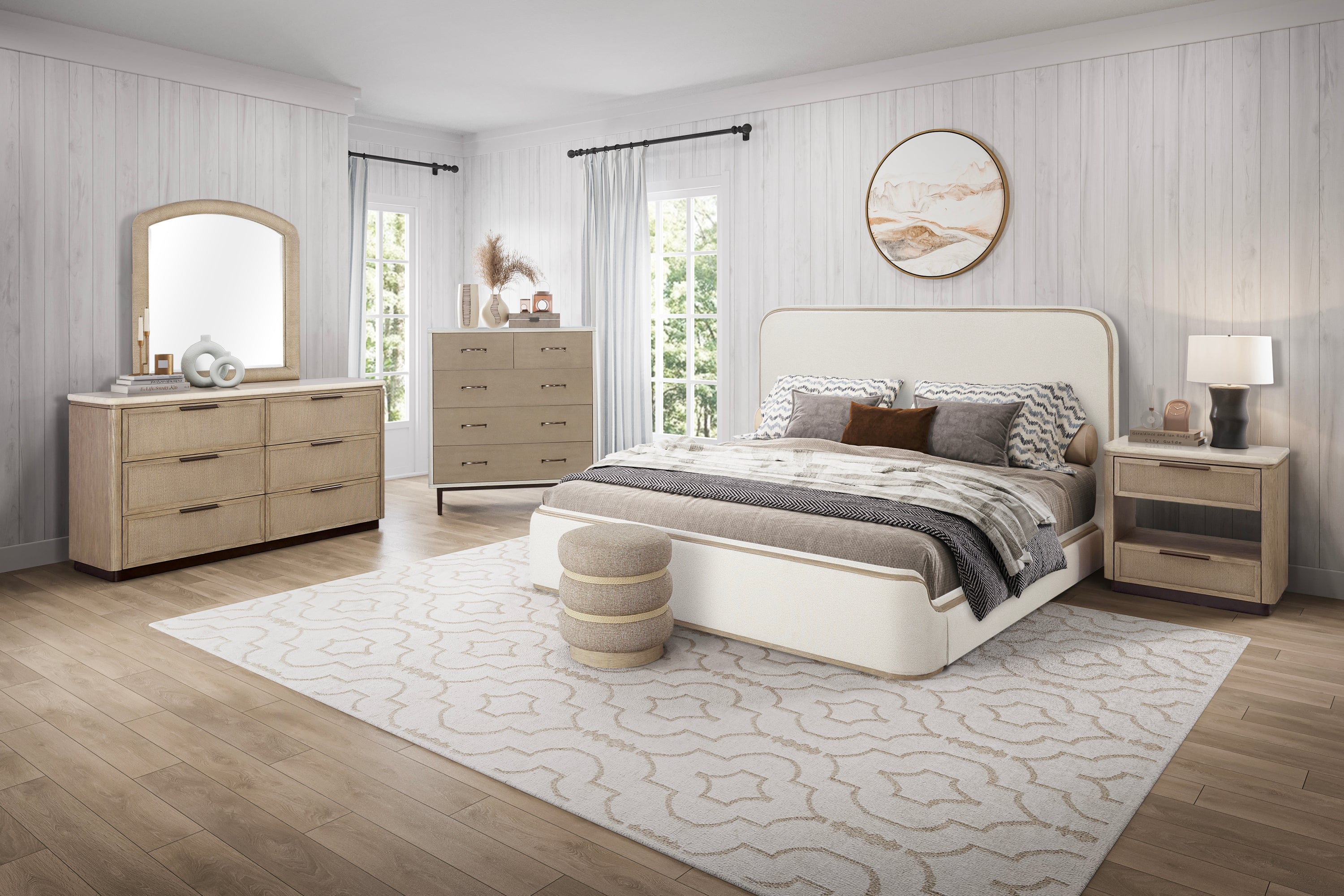 Queen Upholstered Bed - Toffee & White Sand Bed Frame