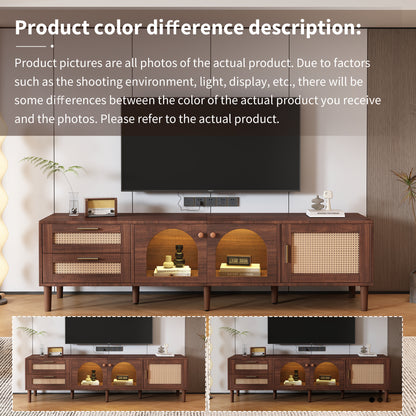 Rattan TV Stand with 3 Cabinets & 2 Drawers, Rattan-inspired Media Console Table for TVs up to 80'', LED Light Entertainment Center, TV cabinet for Living room, Bedroom, Home Theatre