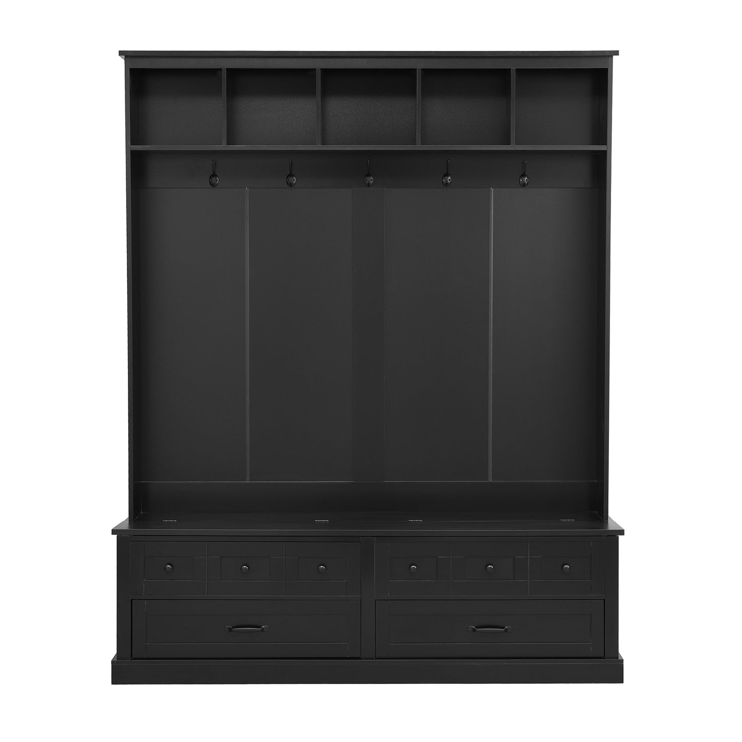 ON-TREND Elegant Wide Hall Tree with 5 Hooks, Versatile Entryway Lift Top Storage Bench with 2 Drawers, Retro Wooden 3-in-1 Coat Rack with Black Handles for Mudroom, Living Room, Black, 59'Wx74'H