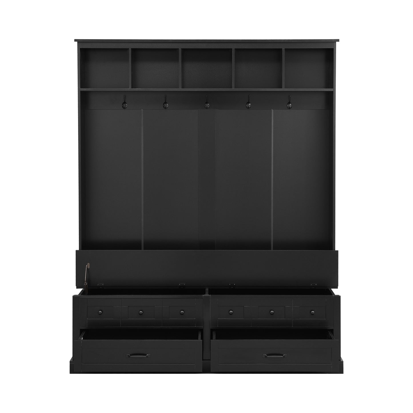 ON-TREND Elegant Wide Hall Tree with 5 Hooks, Versatile Entryway Lift Top Storage Bench with 2 Drawers, Retro Wooden 3-in-1 Coat Rack with Black Handles for Mudroom, Living Room, Black, 59'Wx74'H