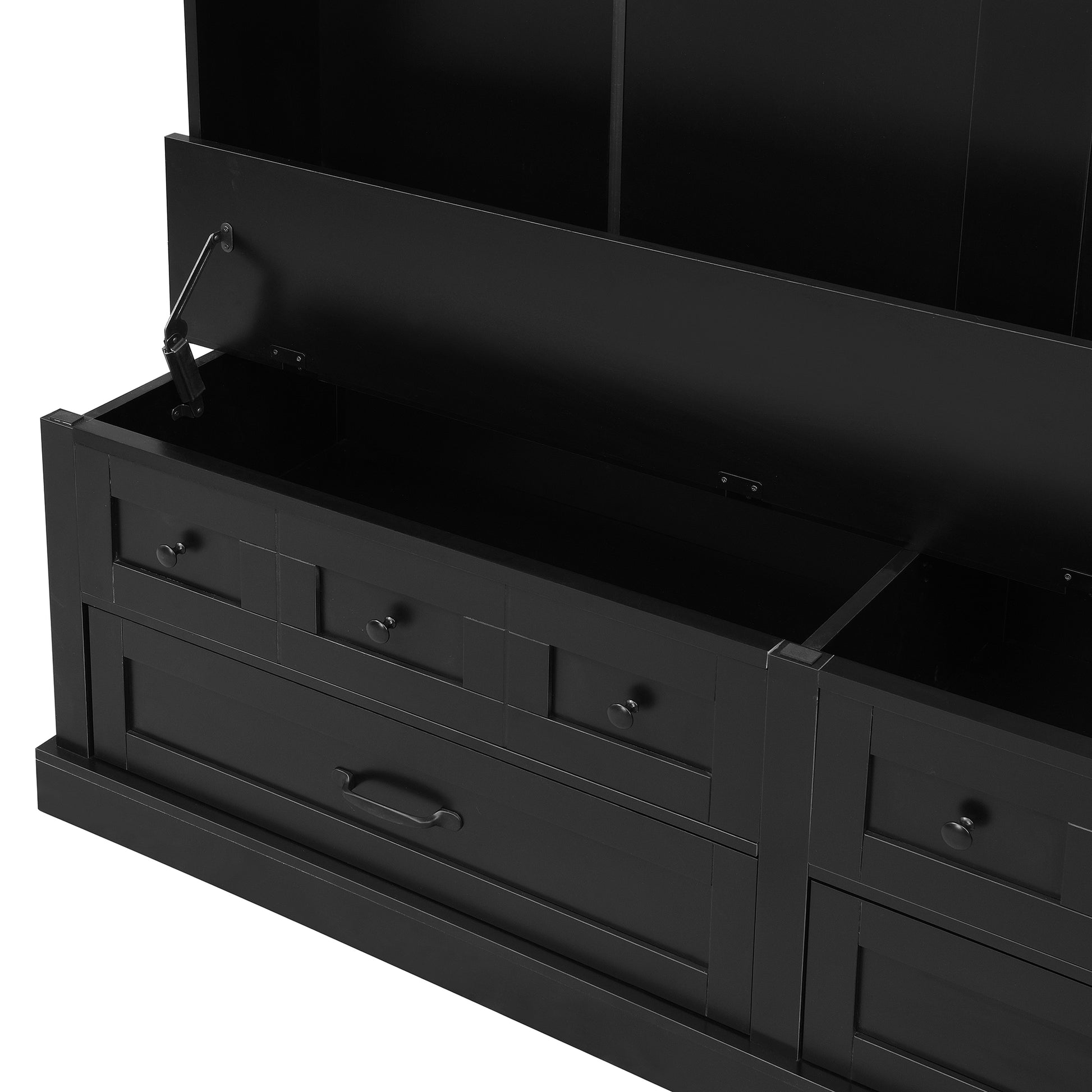 ON-TREND Elegant Wide Hall Tree with 5 Hooks, Versatile Entryway Lift Top Storage Bench with 2 Drawers, Retro Wooden 3-in-1 Coat Rack with Black Handles for Mudroom, Living Room, Black, 59'Wx74'H