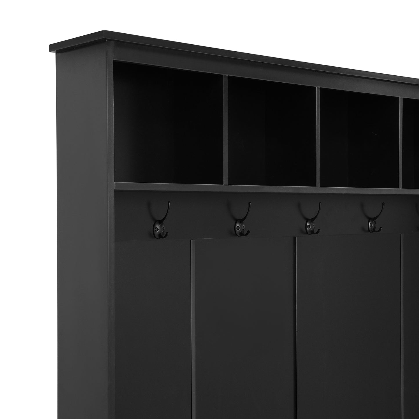 ON-TREND Elegant Wide Hall Tree with 5 Hooks, Versatile Entryway Lift Top Storage Bench with 2 Drawers, Retro Wooden 3-in-1 Coat Rack with Black Handles for Mudroom, Living Room, Black, 59'Wx74'H