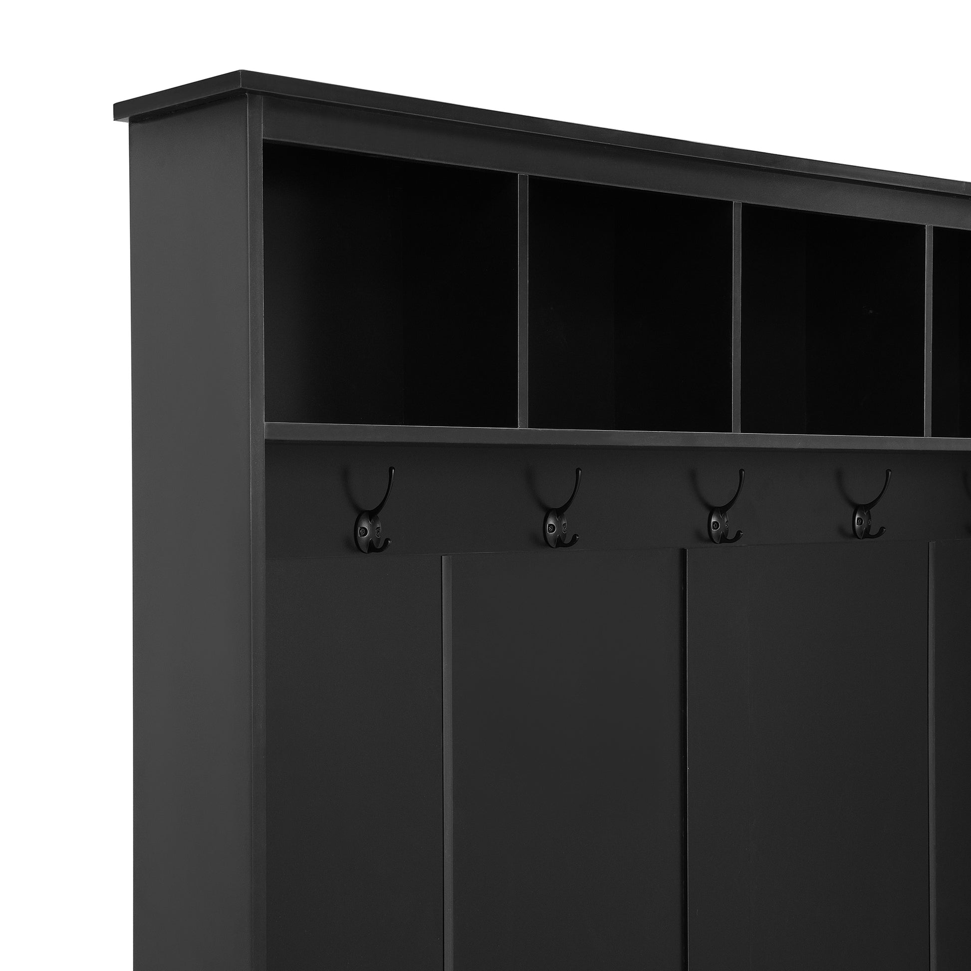 ON-TREND Elegant Wide Hall Tree with 5 Hooks, Versatile Entryway Lift Top Storage Bench with 2 Drawers, Retro Wooden 3-in-1 Coat Rack with Black Handles for Mudroom, Living Room, Black, 59'Wx74'H